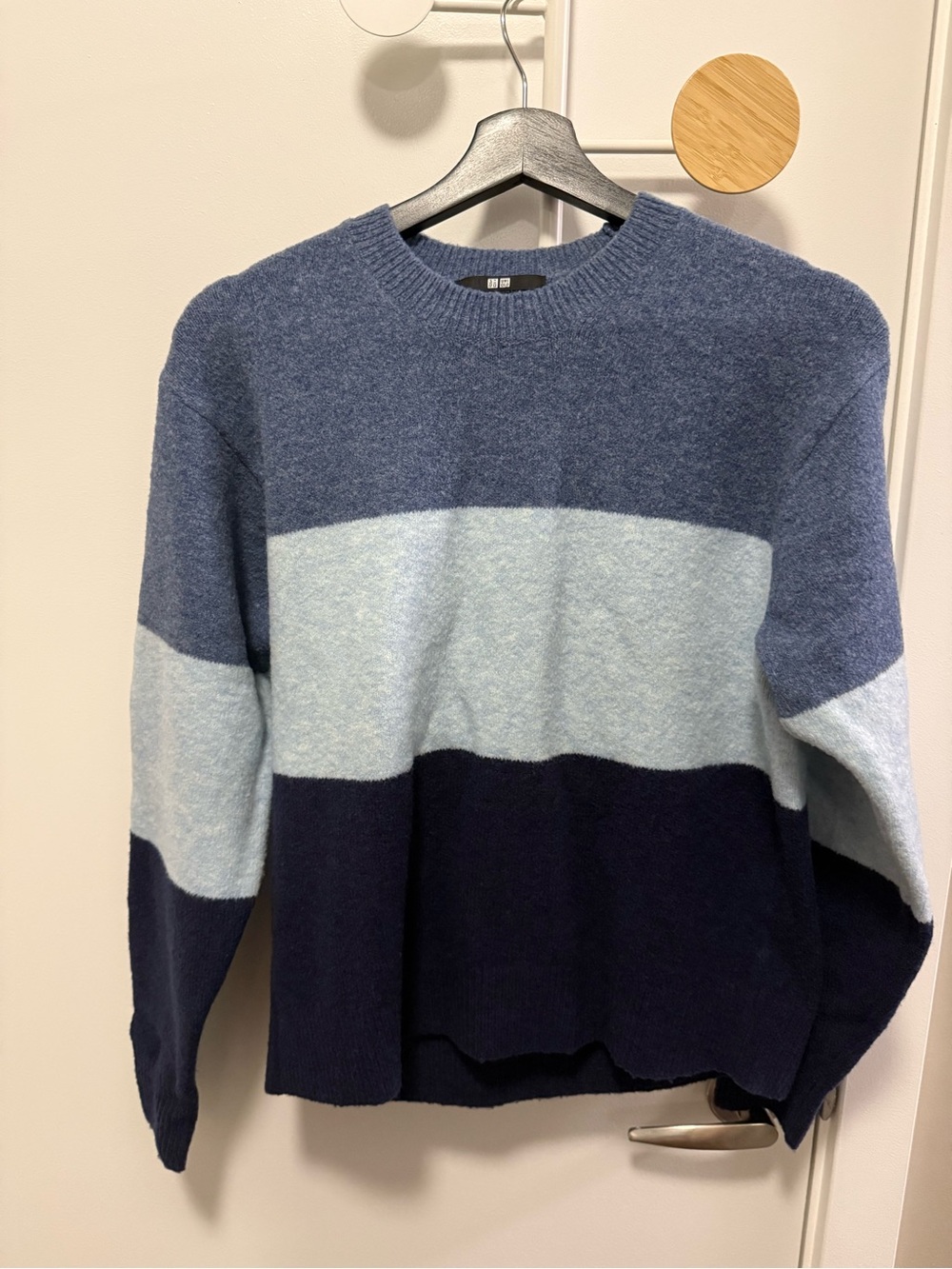 Uniqlo Women's Three-Stripe Blue Crewneck Sweater